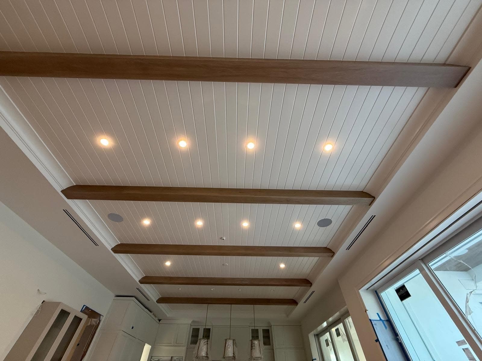 Beadboard Ceiling with Oak Beams